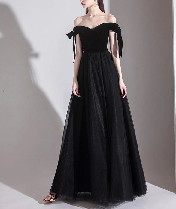 Simple black off shoulder tulle long Evening dress black evening dress