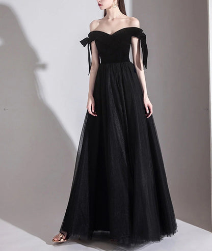 Simple black off shoulder tulle long Evening dress black evening dress