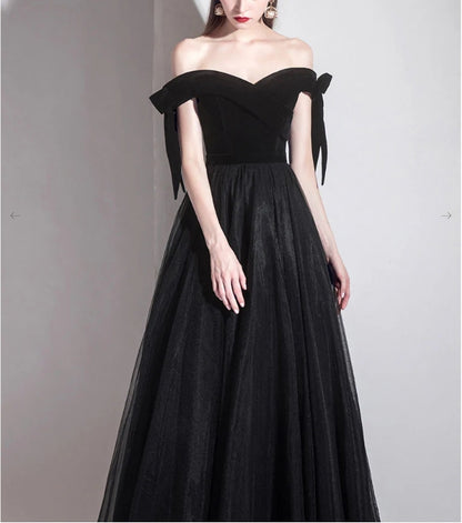 Simple black off shoulder tulle long Evening dress black evening dress
