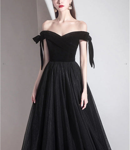 Simple black off shoulder tulle long Evening dress black evening dress