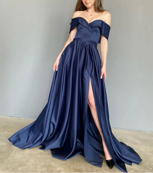 Simple blue off shoulder satin long evening dress blue evening dress