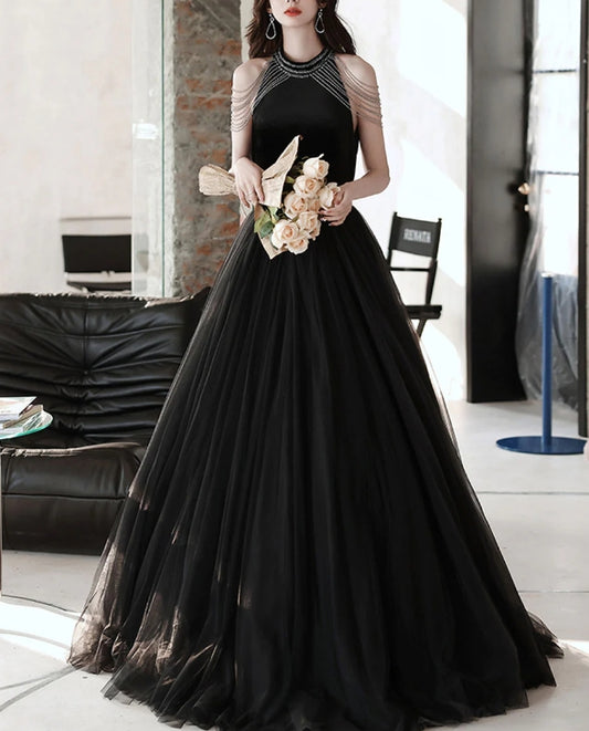 Black A line tulle beads long evening dress black evening dress