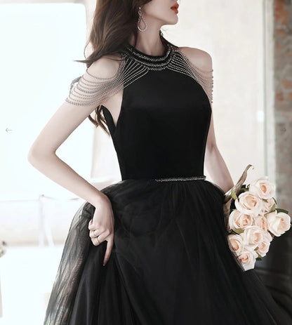 Black A line tulle beads long evening dress black evening dress