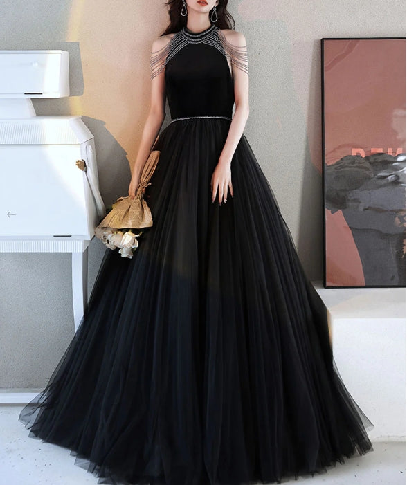Black A line tulle beads long evening dress black evening dress