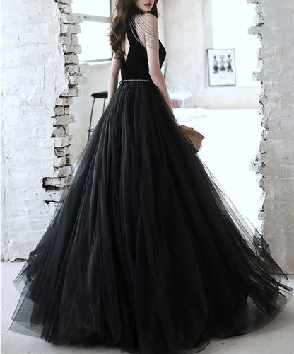 Black A line tulle beads long evening dress black evening dress
