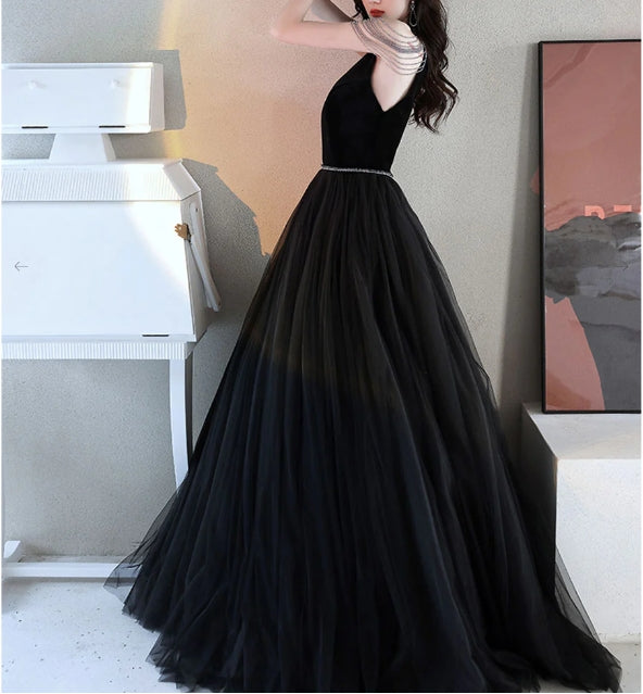 Black A line tulle beads long evening dress black evening dress