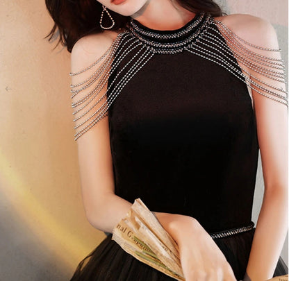 Black A line tulle beads long evening dress black evening dress