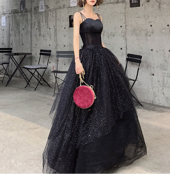 Black tulle sequin long evening dress black tulle formal dress