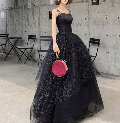 Black tulle sequin long evening dress black tulle formal dress