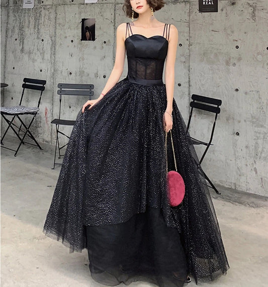 Black tulle sequin long evening dress black tulle formal dress