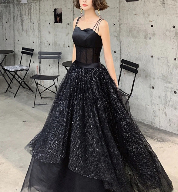 Black tulle sequin long evening dress black tulle formal dress