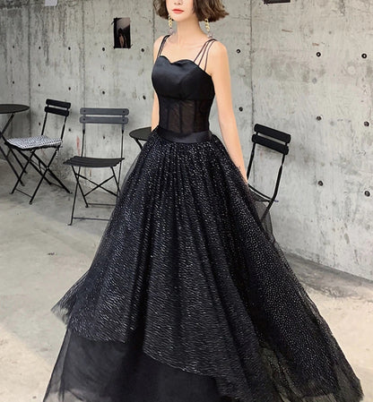 Black tulle sequin long evening dress black tulle formal dress