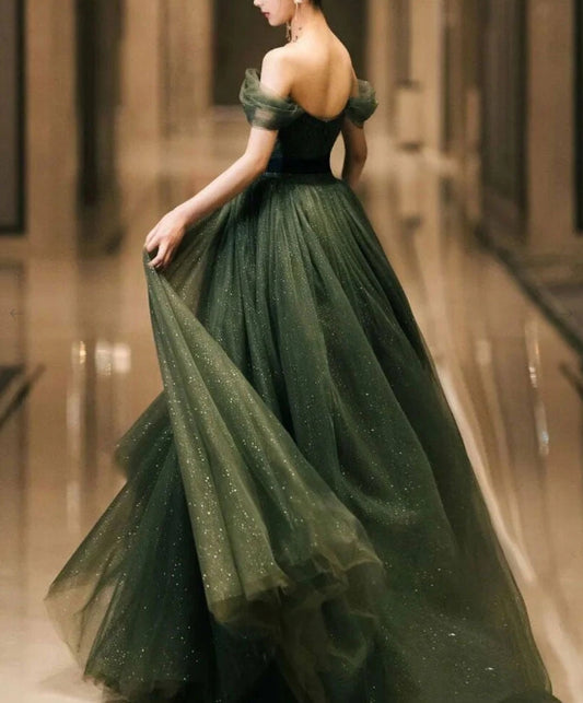 Simple green A line tulle off shoulder long evening dress green evening dress