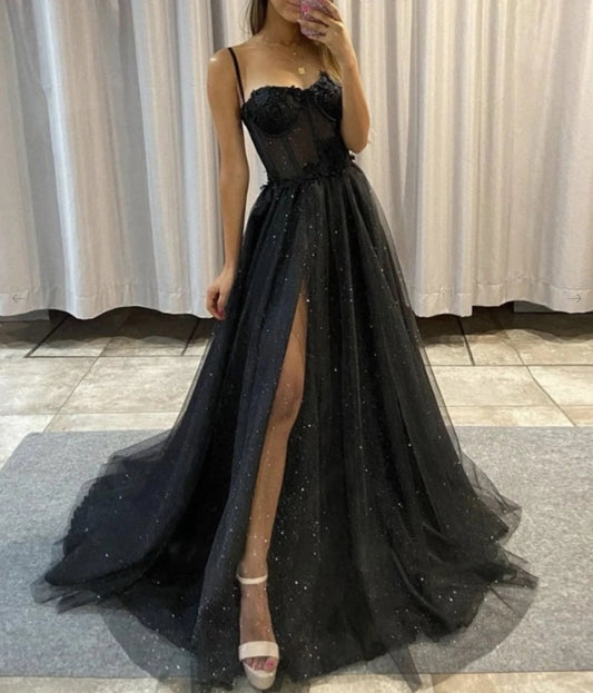 Black sweetheart neck tulle lace long evening dress black evening dress