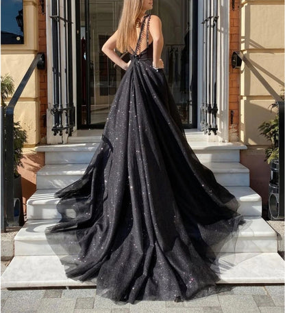 Black v neck tulle long evening dress black tulle long evening dress