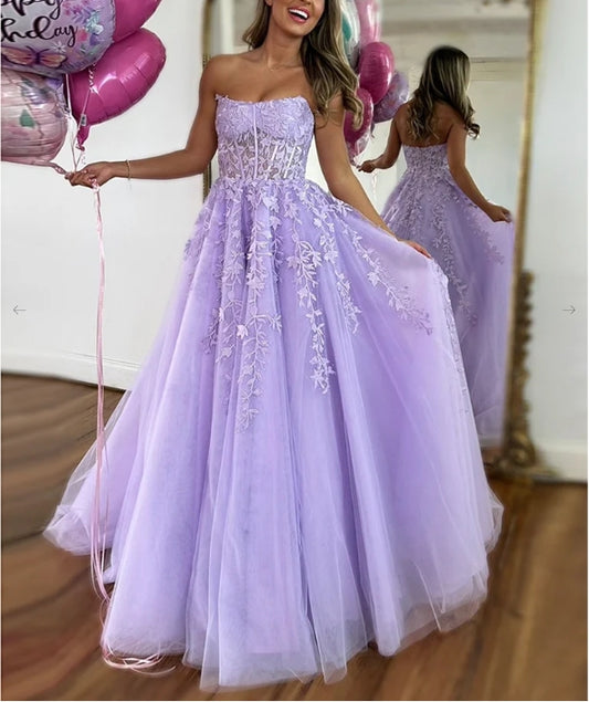 Purple Tulle Lace Long Prom Dress A-Line Long Lace Formal Dress