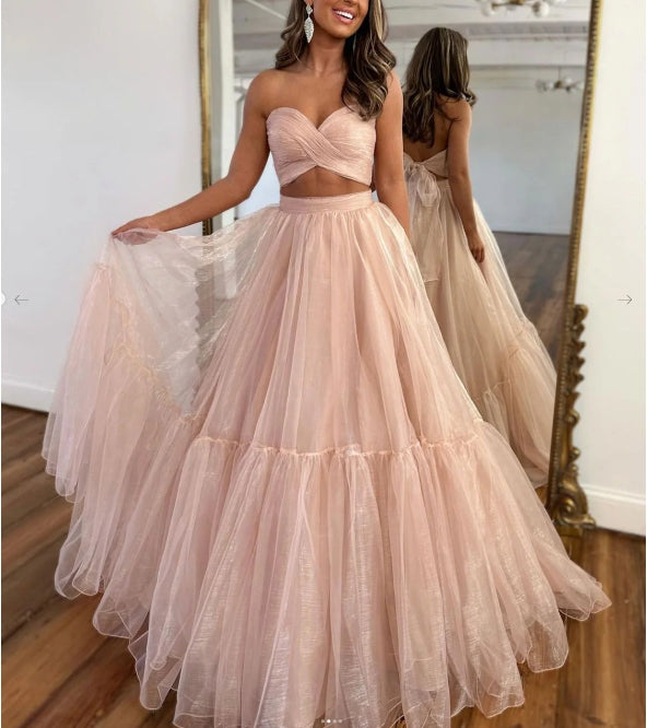 A-Line Two Pieces Tulle Pink Long Prom Dress Pink Formal Prom Dress
