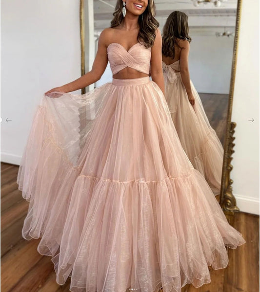 A-Line Two Pieces Tulle Pink Long Prom Dress Pink Formal Prom Dress