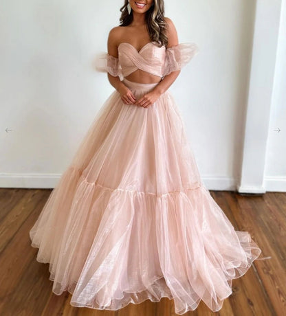 A-Line Two Pieces Tulle Pink Long Prom Dress Pink Formal Prom Dress