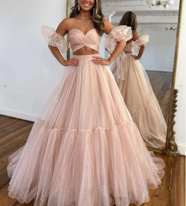 A-Line Two Pieces Tulle Pink Long Prom Dress Pink Formal Prom Dress
