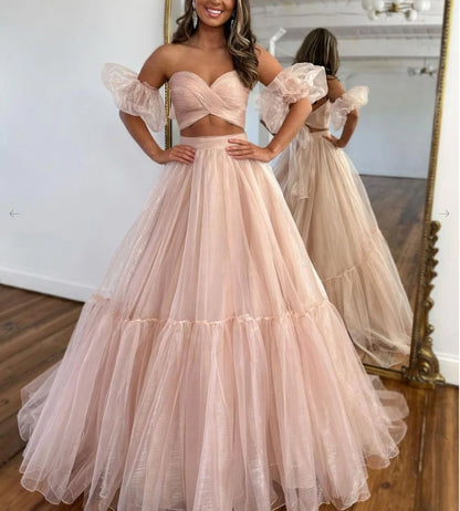 A-Line Two Pieces Tulle Pink Long Prom Dress Pink Formal Prom Dress