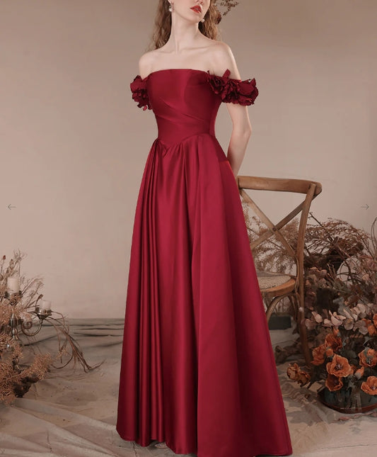 Burgundy A-Line Off Shoulder Satin Long Prom Dress Burgundy Formal Prom Dress