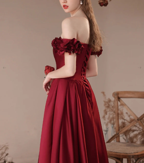 Burgundy A-Line Off Shoulder Satin Long Prom Dress Burgundy Formal Prom Dress