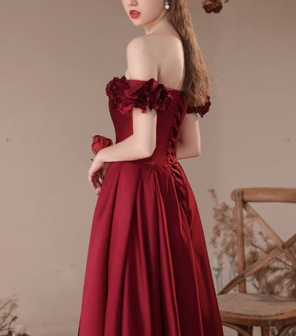 Burgundy A-Line Off Shoulder Satin Long Prom Dress Burgundy Formal Prom Dress