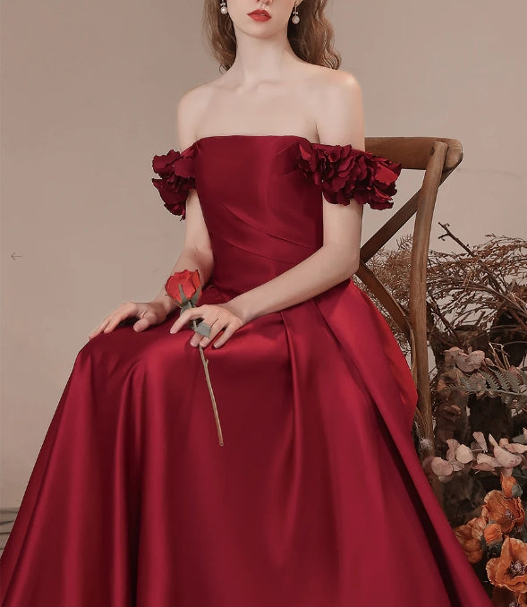 Burgundy A-Line Off Shoulder Satin Long Prom Dress Burgundy Formal Prom Dress
