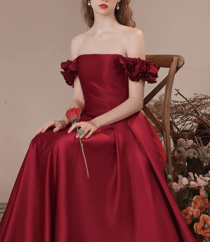 Burgundy A-Line Off Shoulder Satin Long Prom Dress Burgundy Formal Prom Dress