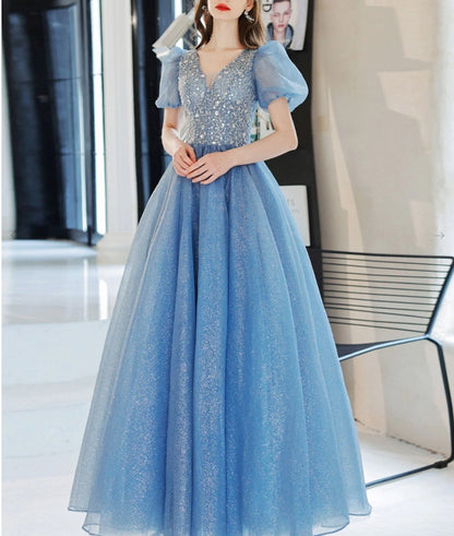 Blue A-Line V Neck Sequin Tulle Long Prom Dress Blue Formal Prom Dresses