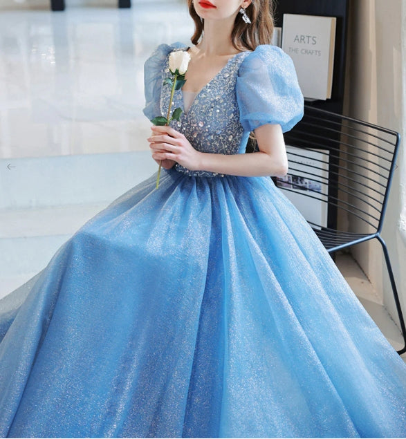 Blue A-Line V Neck Sequin Tulle Long Prom Dress Blue Formal Prom Dresses