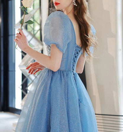 Blue A-Line V Neck Sequin Tulle Long Prom Dress Blue Formal Prom Dresses