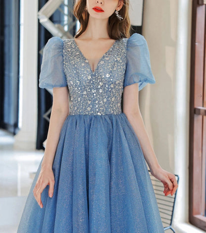Blue A-Line V Neck Sequin Tulle Long Prom Dress Blue Formal Prom Dresses