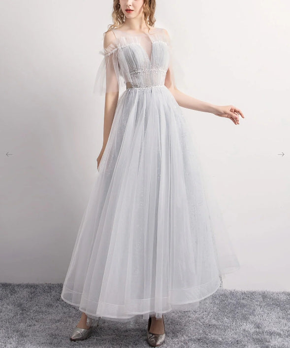 Gray A-Line Tulle Sequin Long Prom Dress Gray Tulle Formal Prom Dress