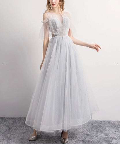 Gray A-Line Tulle Sequin Long Prom Dress Gray Tulle Formal Prom Dress