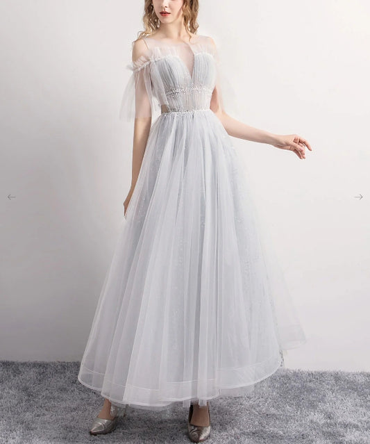 Gray A-Line Tulle Sequin Long Prom Dress Gray Tulle Formal Prom Dress