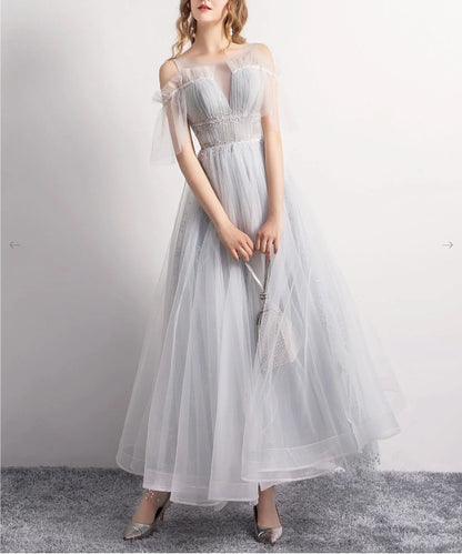 Gray A-Line Tulle Sequin Long Prom Dress Gray Tulle Formal Prom Dress