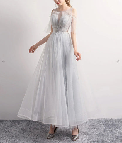 Gray A-Line Tulle Sequin Long Prom Dress Gray Tulle Formal Prom Dress
