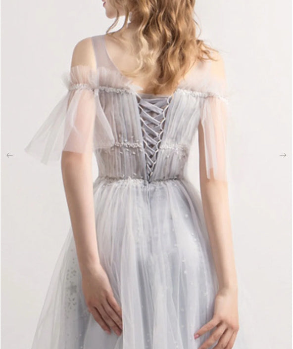 Gray A-Line Tulle Sequin Long Prom Dress Gray Tulle Formal Prom Dress
