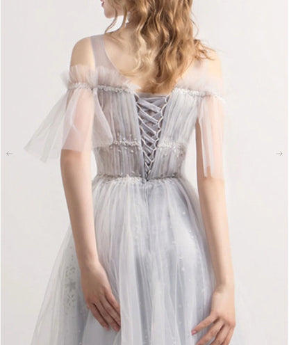 Gray A-Line Tulle Sequin Long Prom Dress Gray Tulle Formal Prom Dress