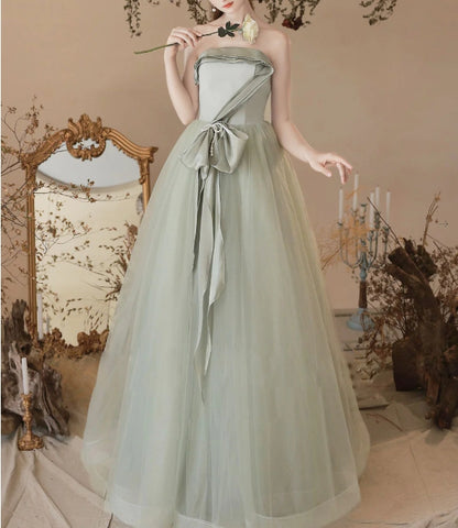 A-Line Tulle Light Green Long Prom Dresses Green Formal Prom Dress