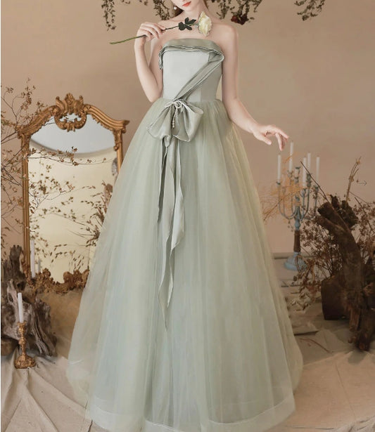 A-Line Tulle Light Green Long Prom Dresses Green Formal Prom Dress