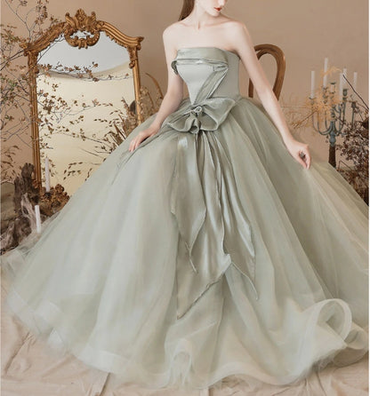 A-Line Tulle Light Green Long Prom Dresses Green Formal Prom Dress