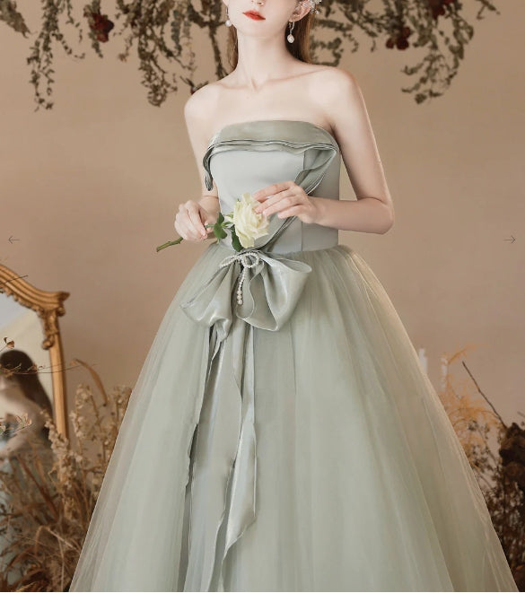 A-Line Tulle Light Green Long Prom Dresses Green Formal Prom Dress