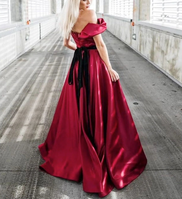 A-Line Off Shoulder Satin Burgundy Long Prom Dress Burgundy Formal Prom Dress