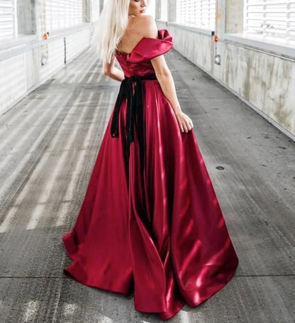 A-Line Off Shoulder Satin Burgundy Long Prom Dress Burgundy Formal Prom Dress