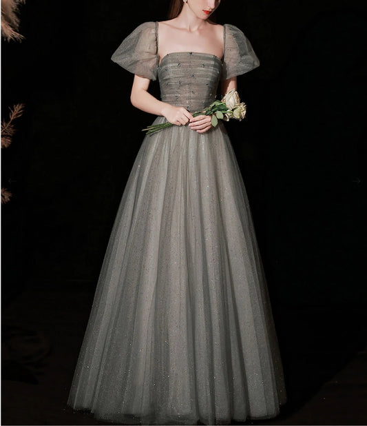 A Line Gray Long Prom Dress Gray Tulle Sequin Prom Dresses