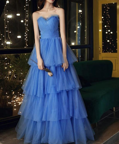 Blue Sweetheart Neck Long Prom Dress Formal Blue Prom Dress
