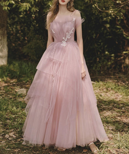 A line Tulle Pink Long Prom Dresses Formal Pink Prom Dress With